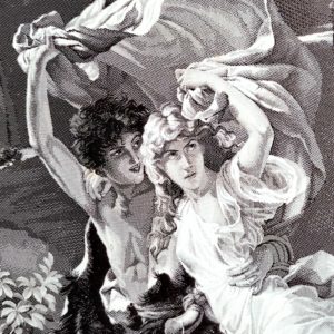 D'après COT Pierre-Auguste (1837-1883) « Paul et Virginie - La tempête », tissé sur soie -32x50cm encadré